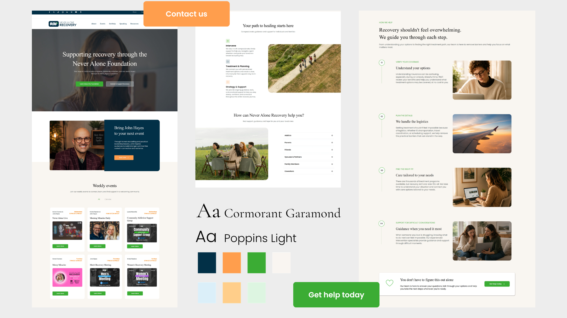 Final desktop pages alongside the visual system: Cormorant Garamond and Poppins Light type, deep navy, orange, and green palette, and primary button styles