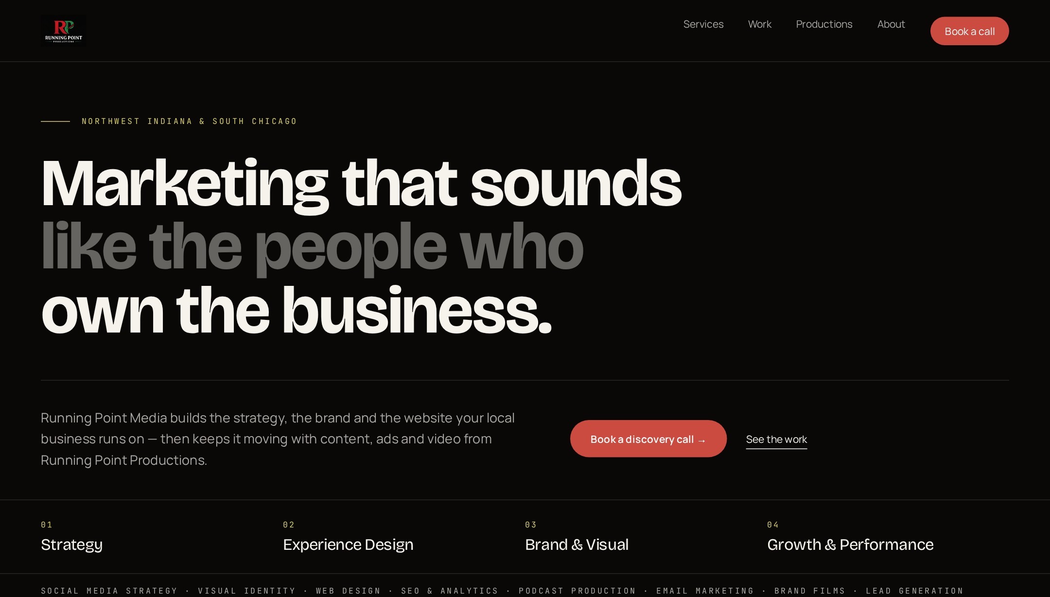 The rebuilt Running Point Media homepage with the new logo, type-led hero, four numbered practice areas, and the services ticker