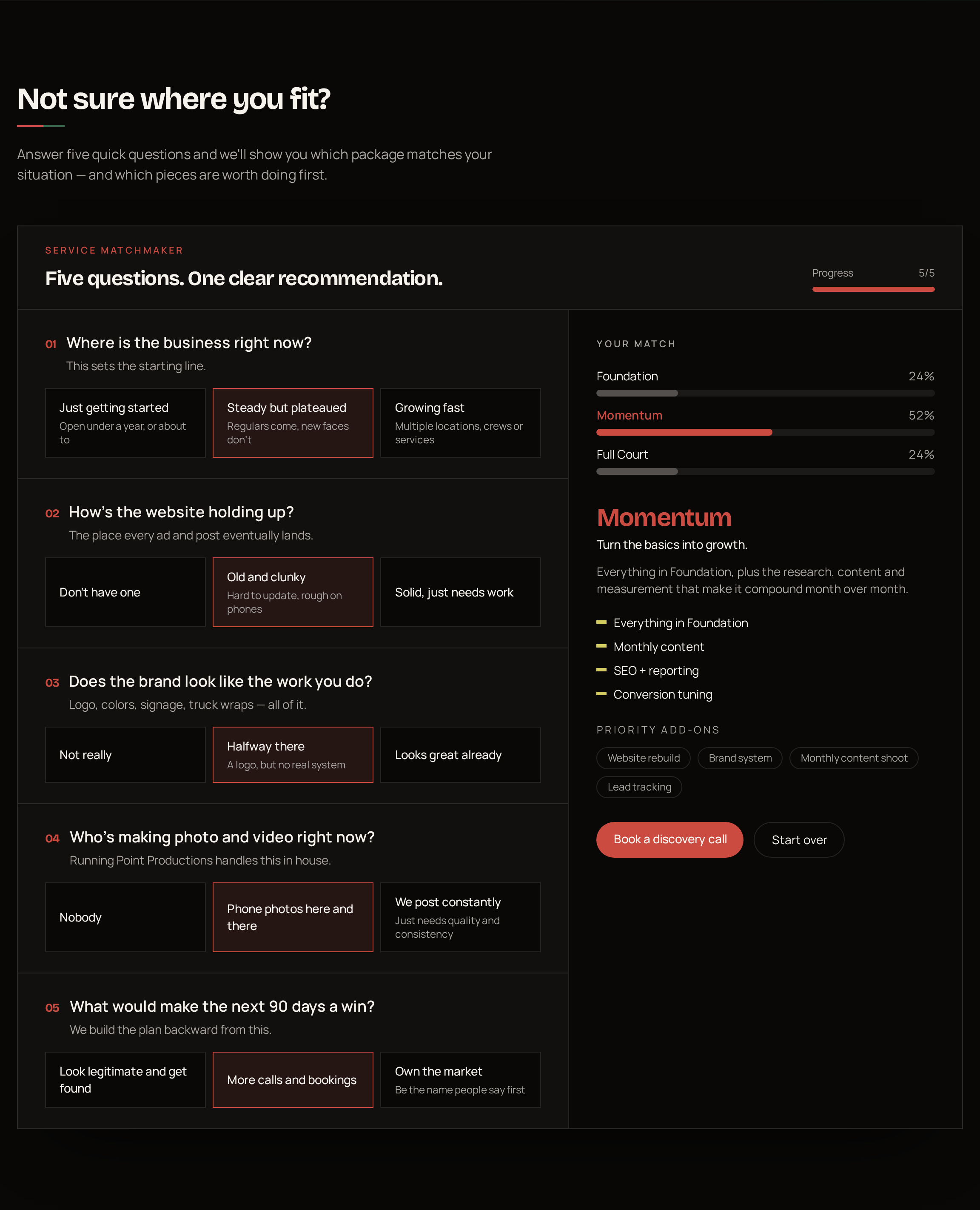 The Service Matchmaker on the Running Point Media process page, with five questions answered and a Momentum package recommendation, match percentages, and priority add-ons in the results panel