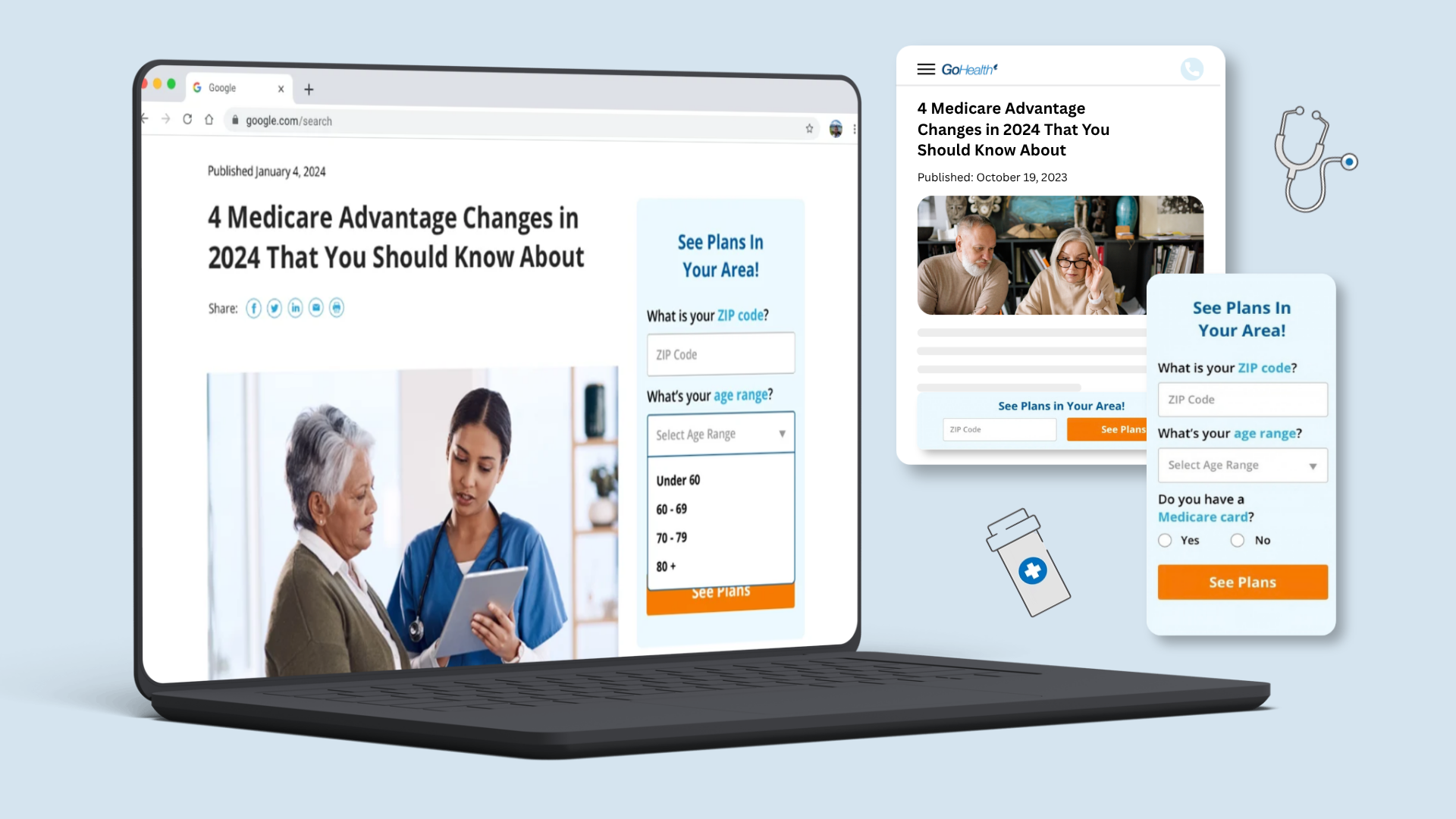 GoHealth Medicare blog article with the lead form shown on desktop and mobile