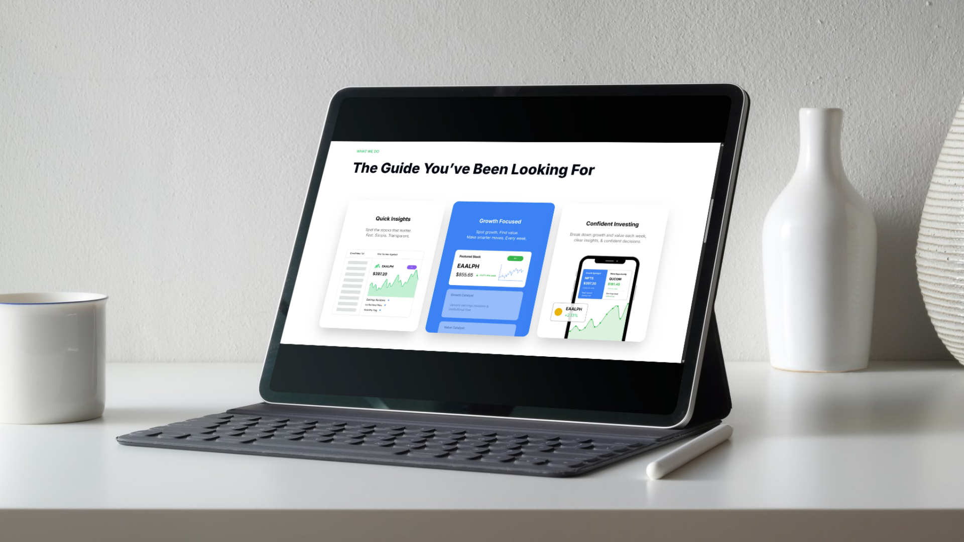 The redesigned Earnings Alpha What We Do section shown on a tablet, with quick insights, growth focused, and confident investing cards