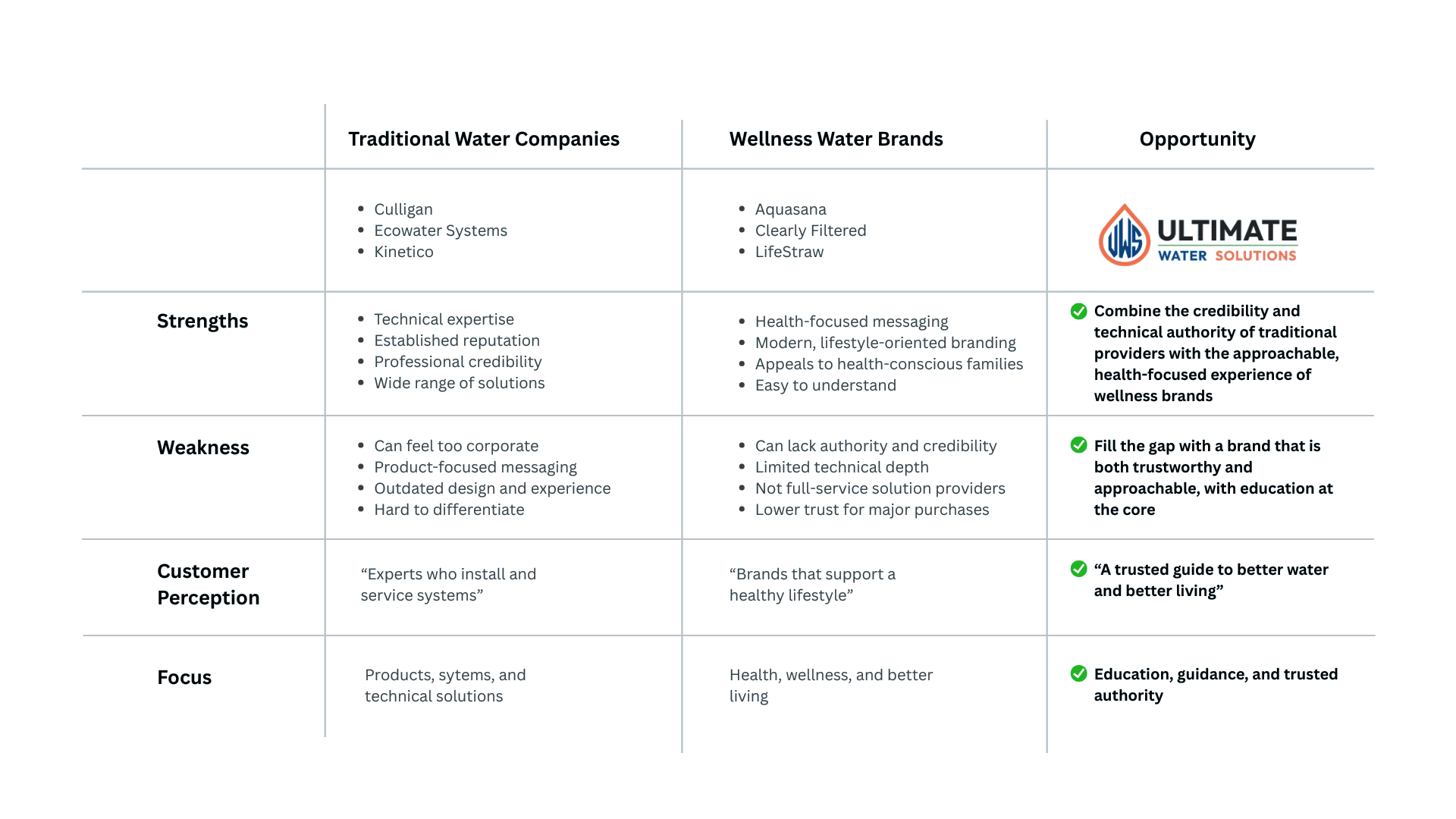 Competitive audit table comparing traditional water companies and wellness water brands against the opportunity for Ultimate Water Solutions