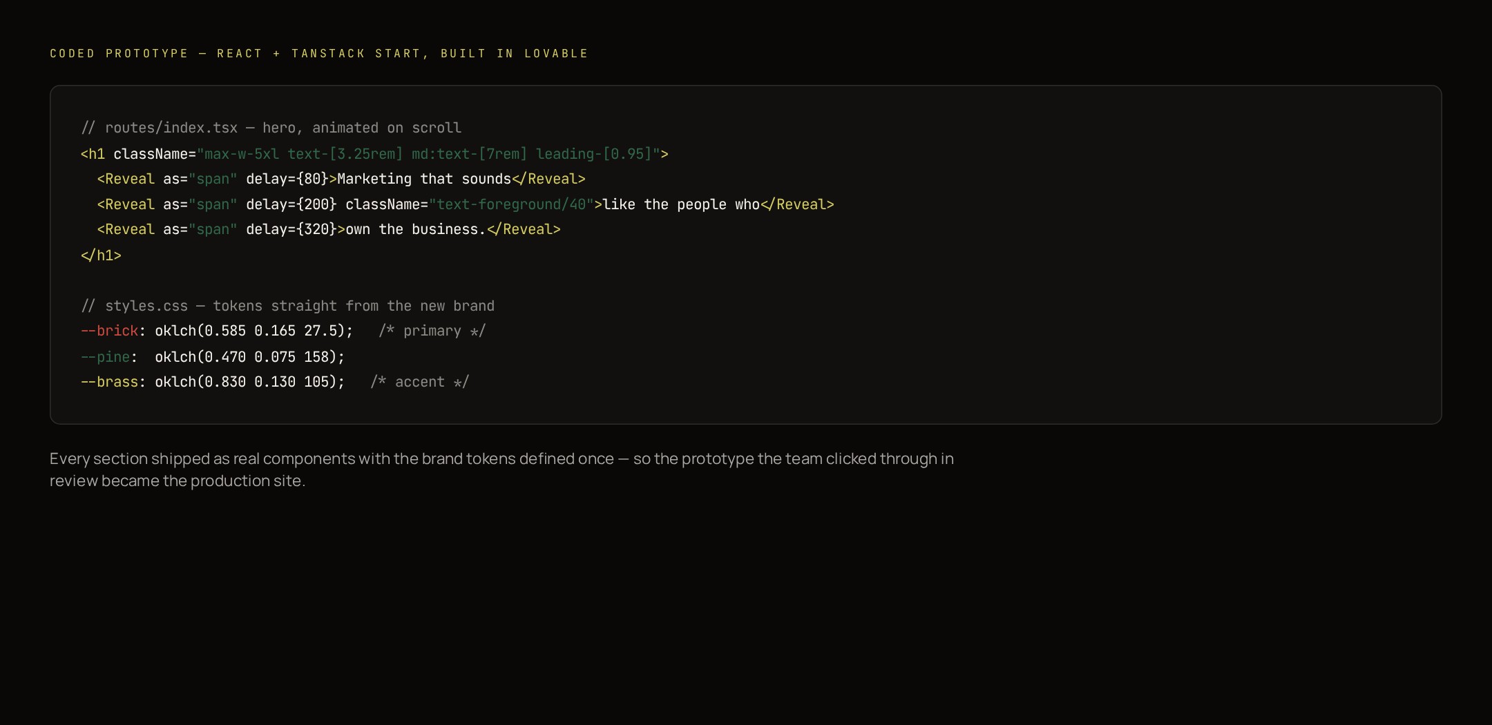 Code from the Running Point Media site showing the animated hero markup and the brand color tokens defined in the stylesheet