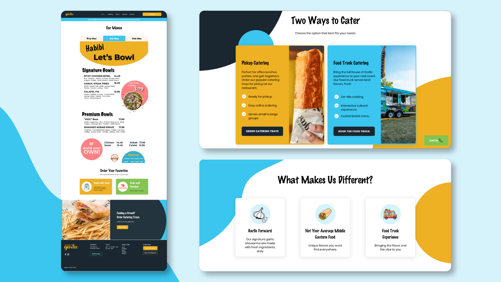 Desktop menu page, the two catering options, and the what makes us different section