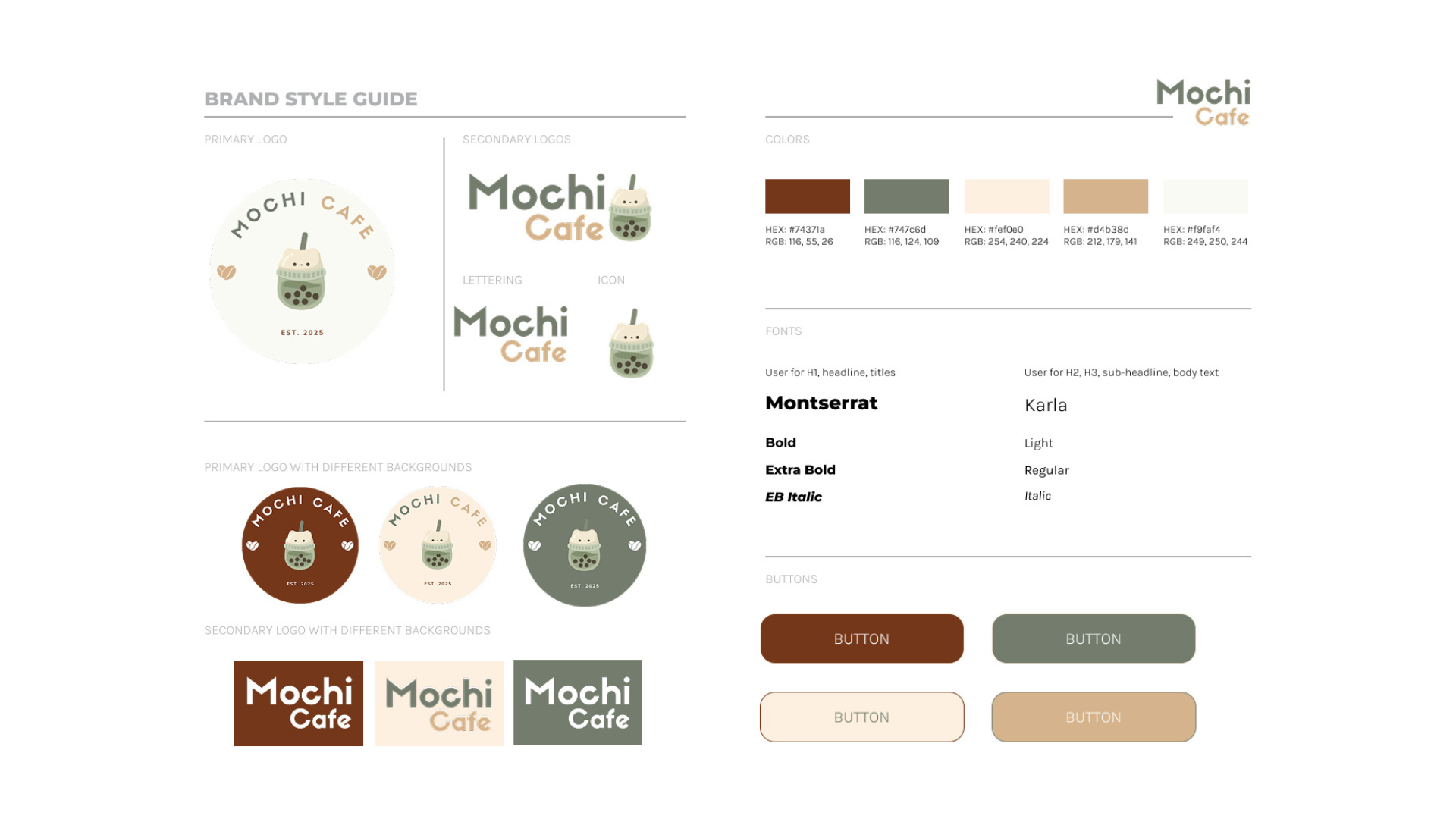 Mochi Cafe brand style guide with primary and secondary logos, color palette, type pairing, and button styles