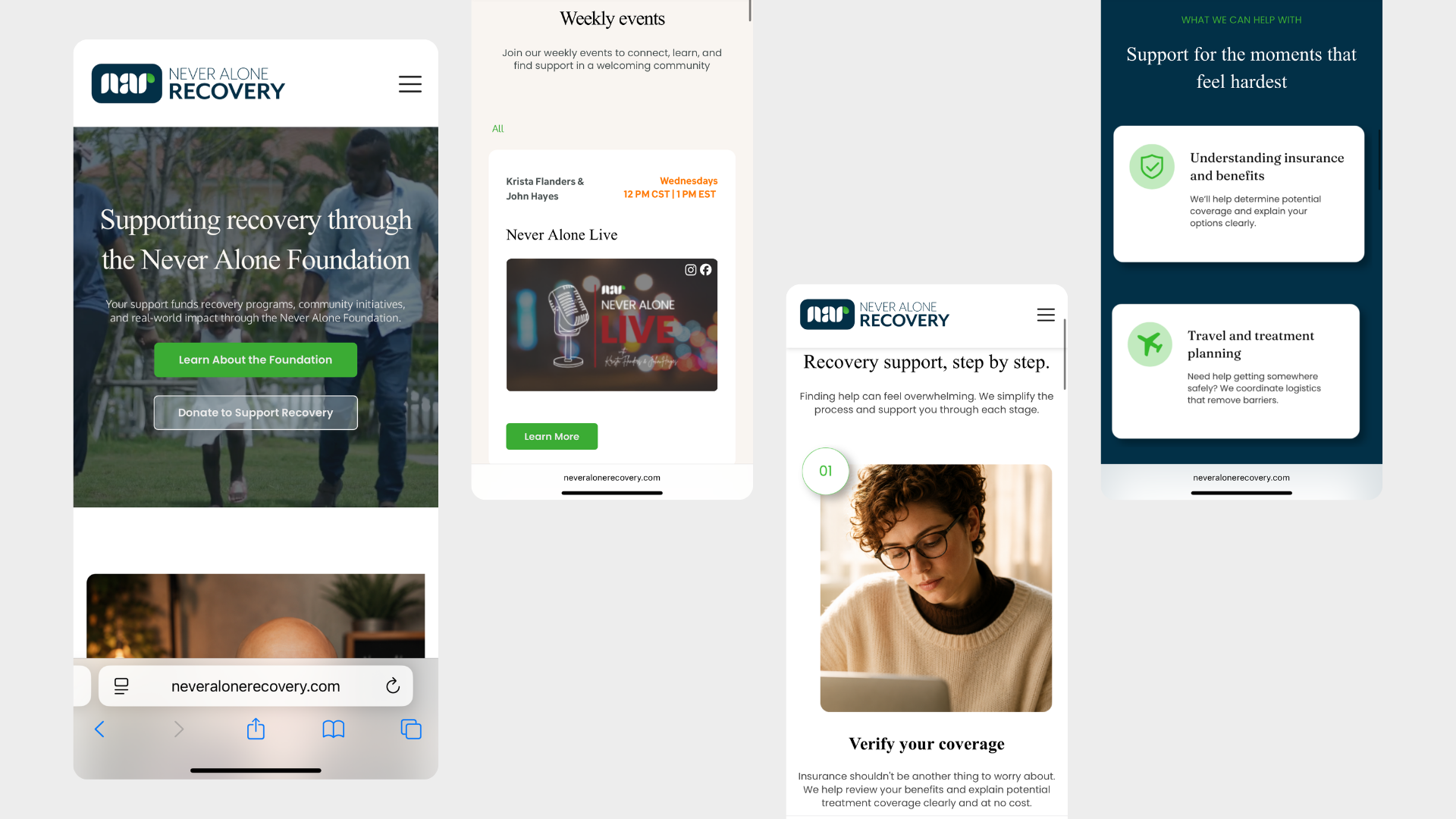 Mobile views of the hero, weekly events, step-by-step recovery support, and the support cards for insurance and travel planning