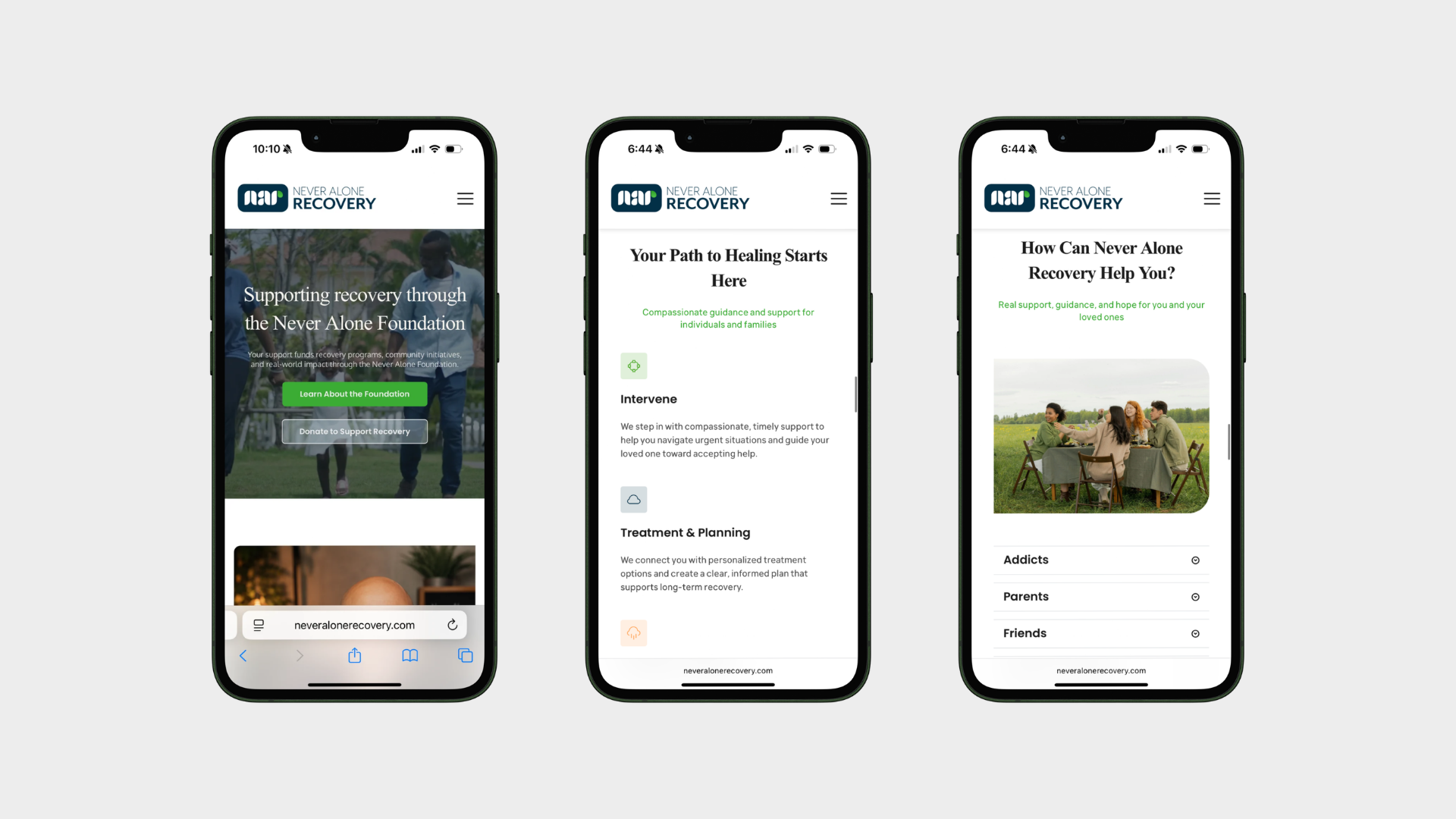 Three mobile screens showing the foundation hero, the path to healing steps, and the expandable list of audiences Never Alone Recovery supports
