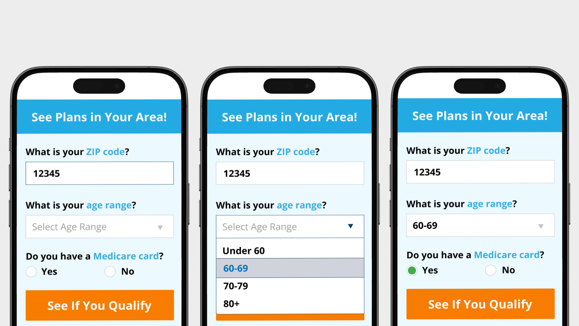 Three mobile screens showing the ZIP, age range, and Medicare card steps of the lead form