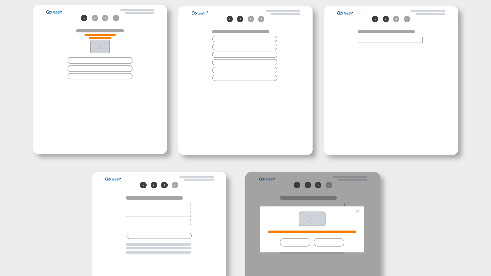 Desktop wireframes of the same five-step Spanish lead form flow