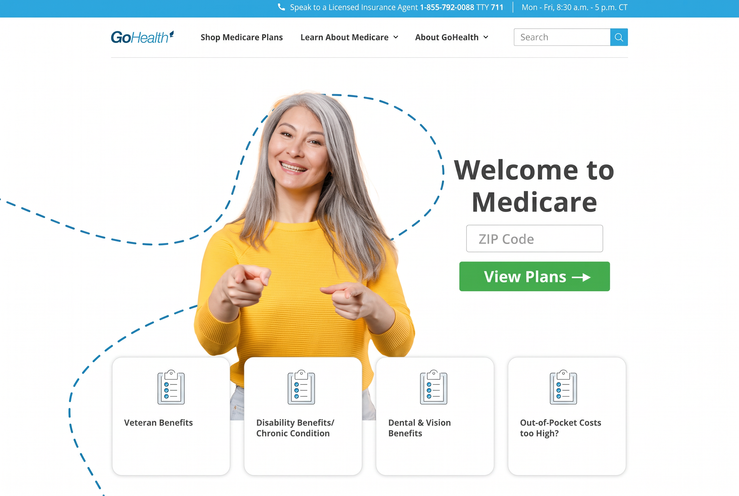 Proposed GoHealth homepage with a single ZIP code field and a green View Plans button leading into the plan comparison tool