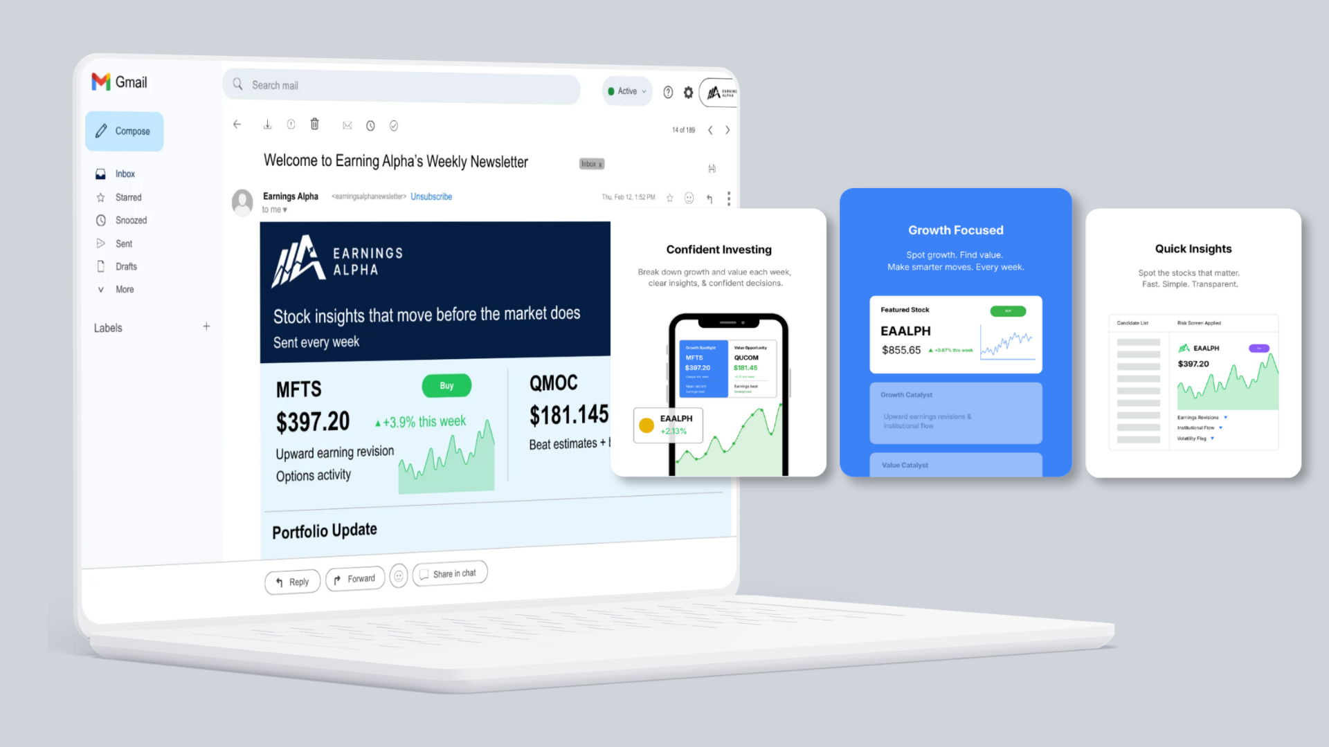 The Earnings Alpha weekly newsletter open in Gmail alongside the quick insights, growth focused, and confident investing modules