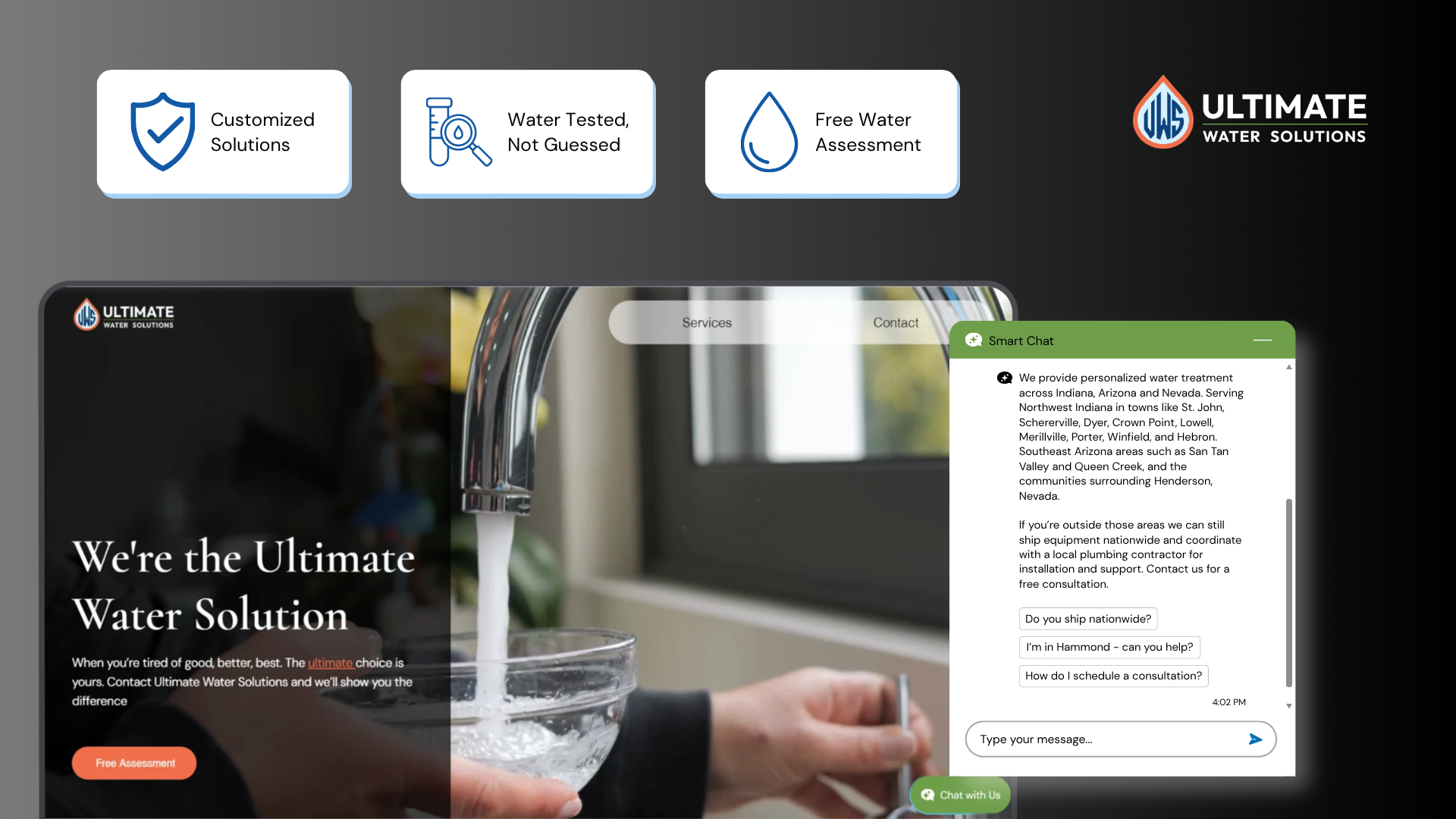 Ultimate Water Solutions homepage on a laptop with the smart chat assistant open and the customized solutions, water testing, and free assessment cards above it