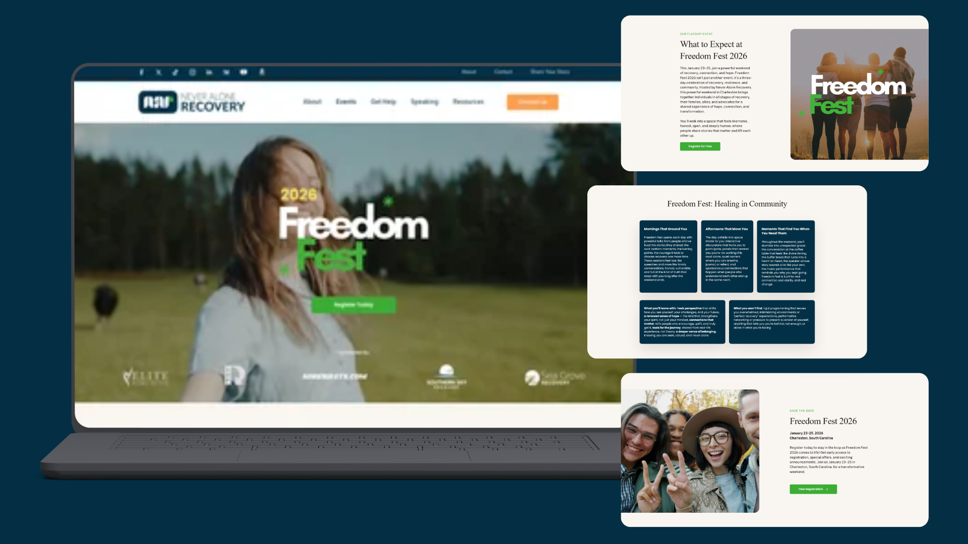 Freedom Fest 2026 event pages shown on a laptop and in detail cards covering what to expect, the weekend schedule, and registration