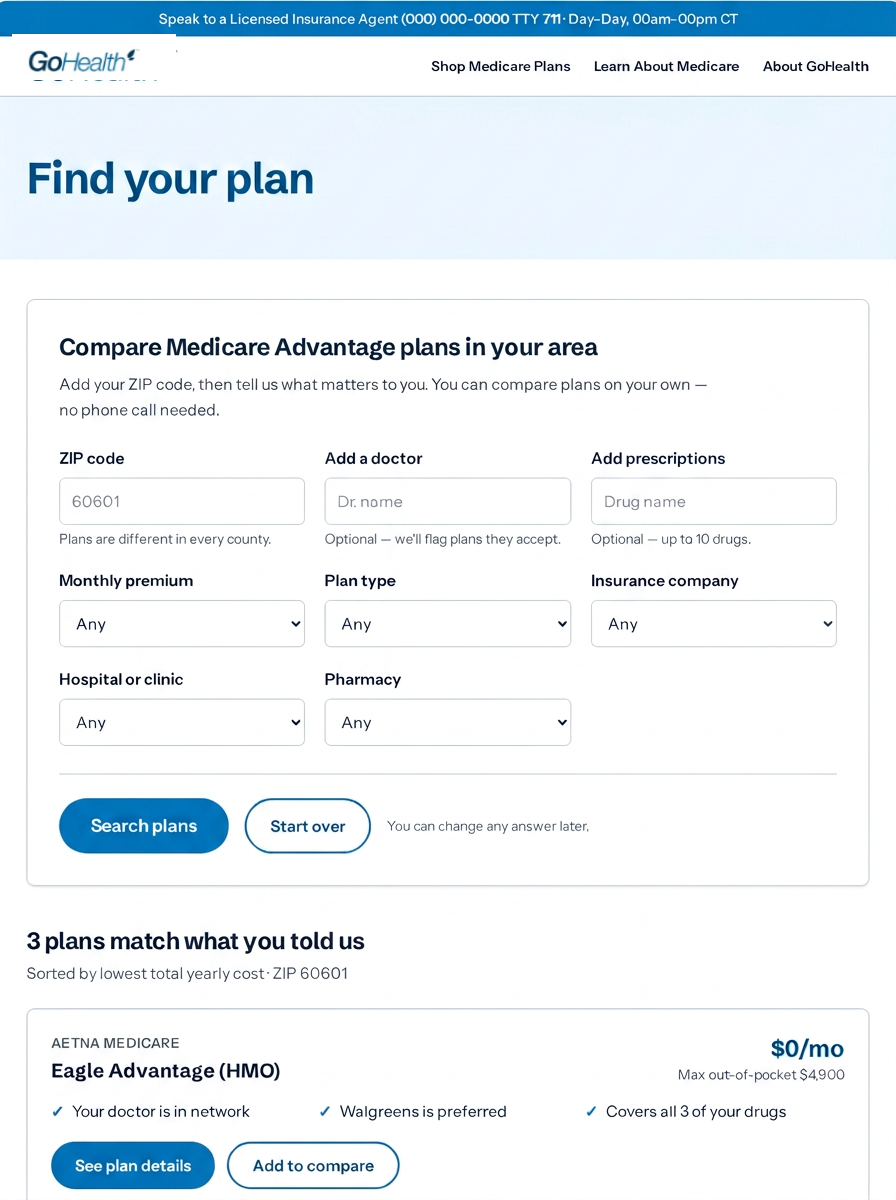 GoHealth Plan Finder concept showing comparison filters and Medicare plan results