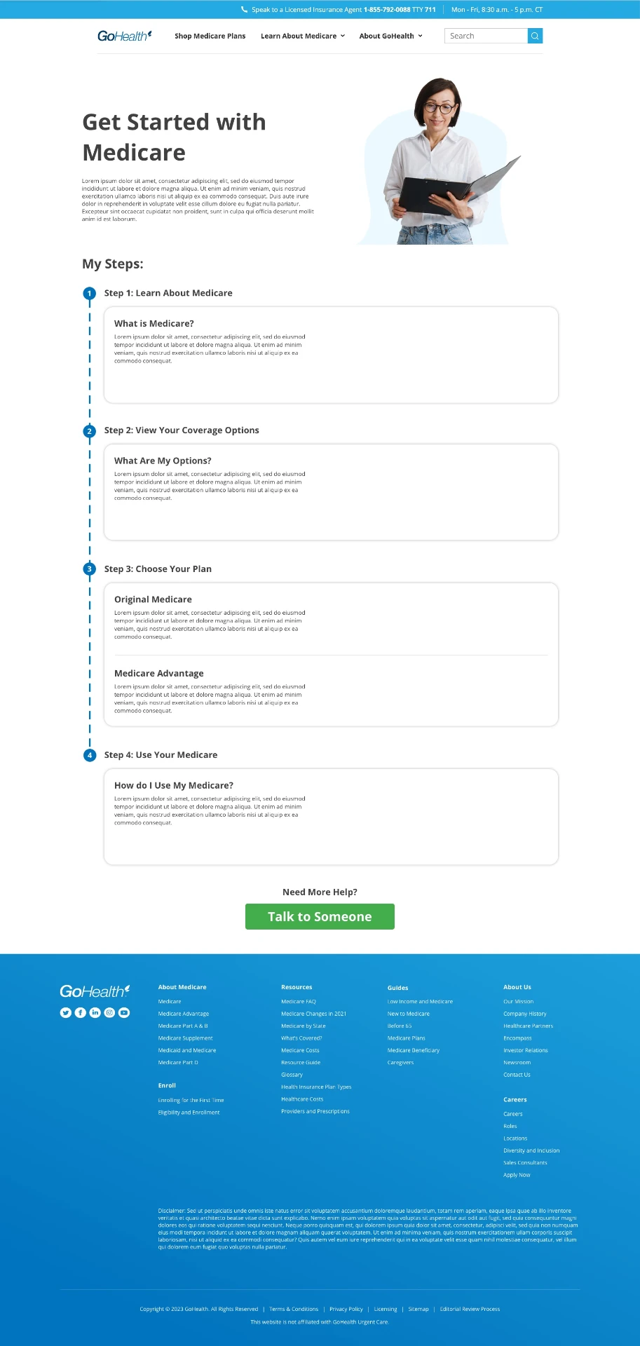 Recommended Get Started with Medicare education page breaking the process into four numbered steps with a Need More Help section at the end