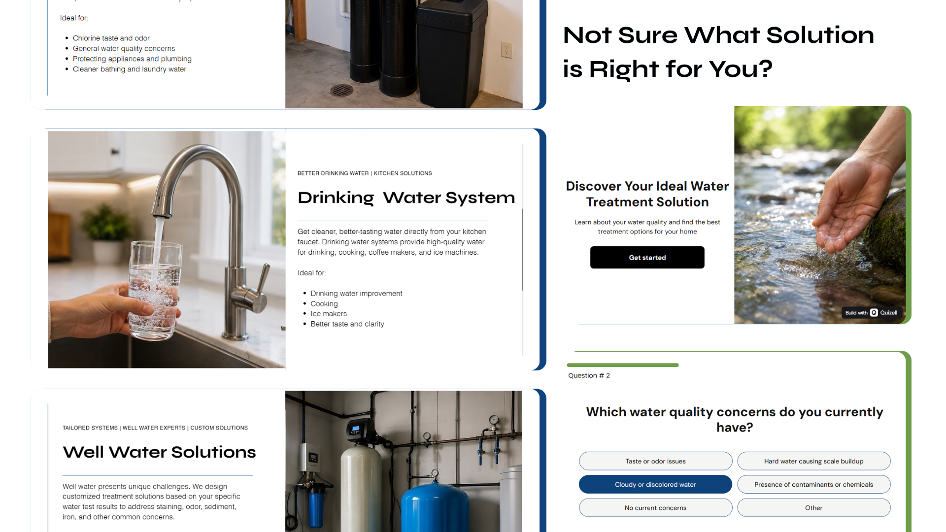 Solution pages for whole home filtration, drinking water systems, and well water alongside the assessment entry and question screens