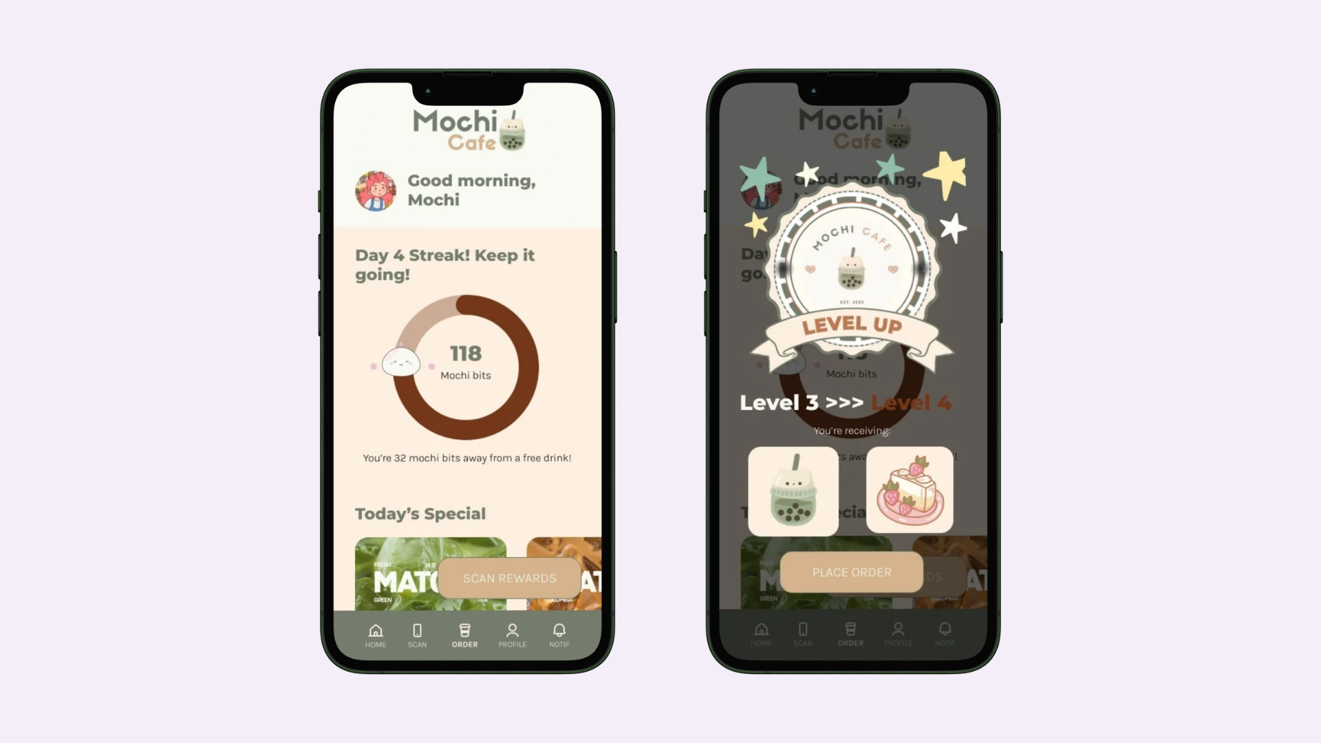 Mochi Cafe app home screen with the streak ring and mochi bits balance beside the level-up celebration screen