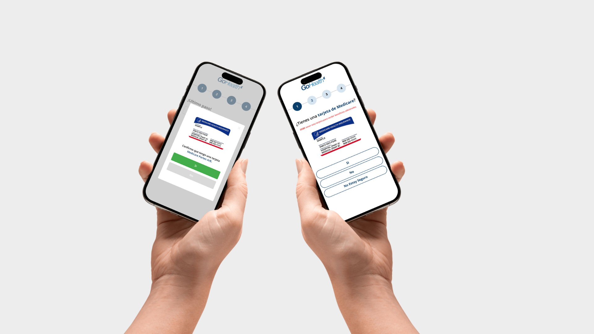 Two hands holding phones showing the redesigned Spanish GoHealth form: the Medicare card confirmation popup and the new eligibility entry screen