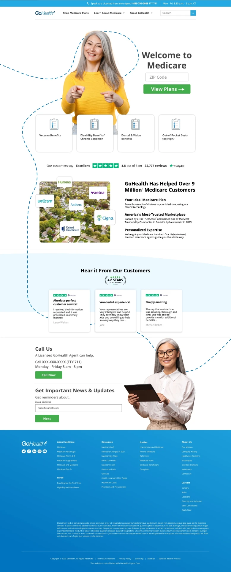 Proposed Medicare homepage beginning with a ZIP code and visible trust signals