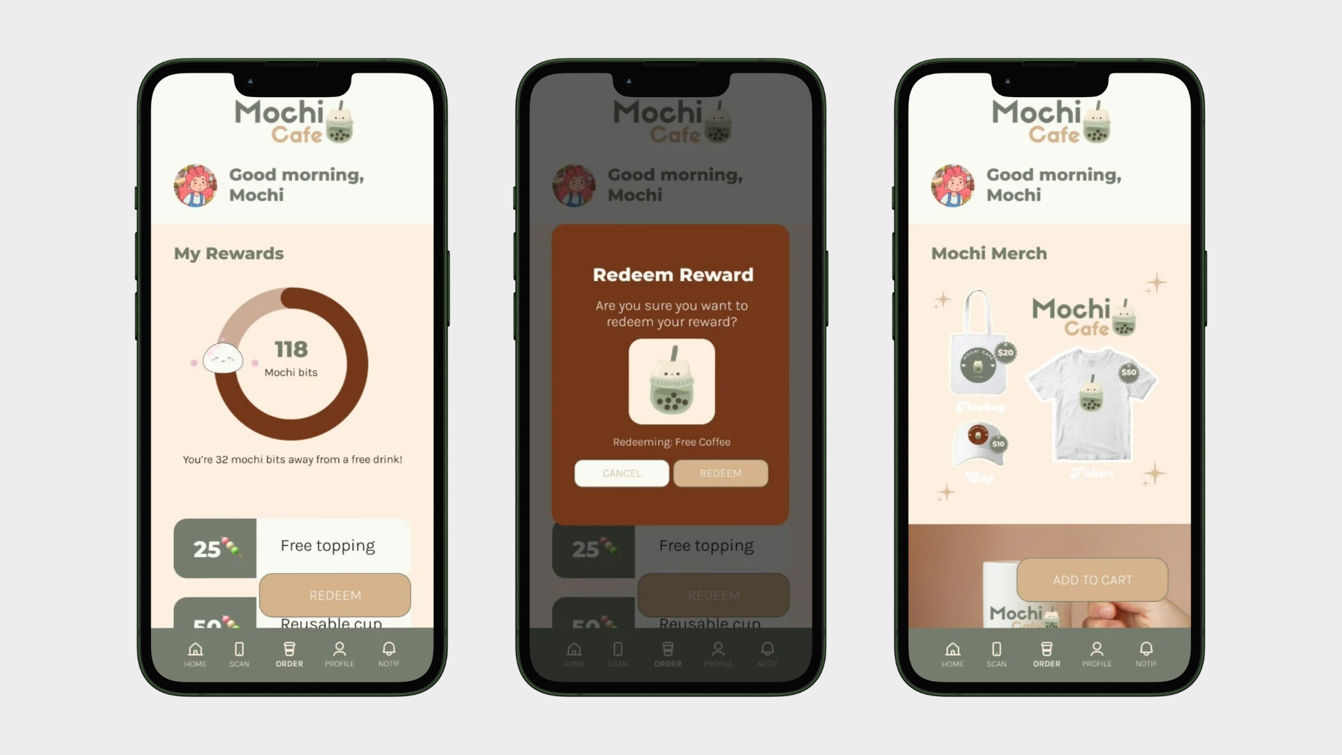 Mochi Cafe rewards screen, redeem reward confirmation, and the merch store