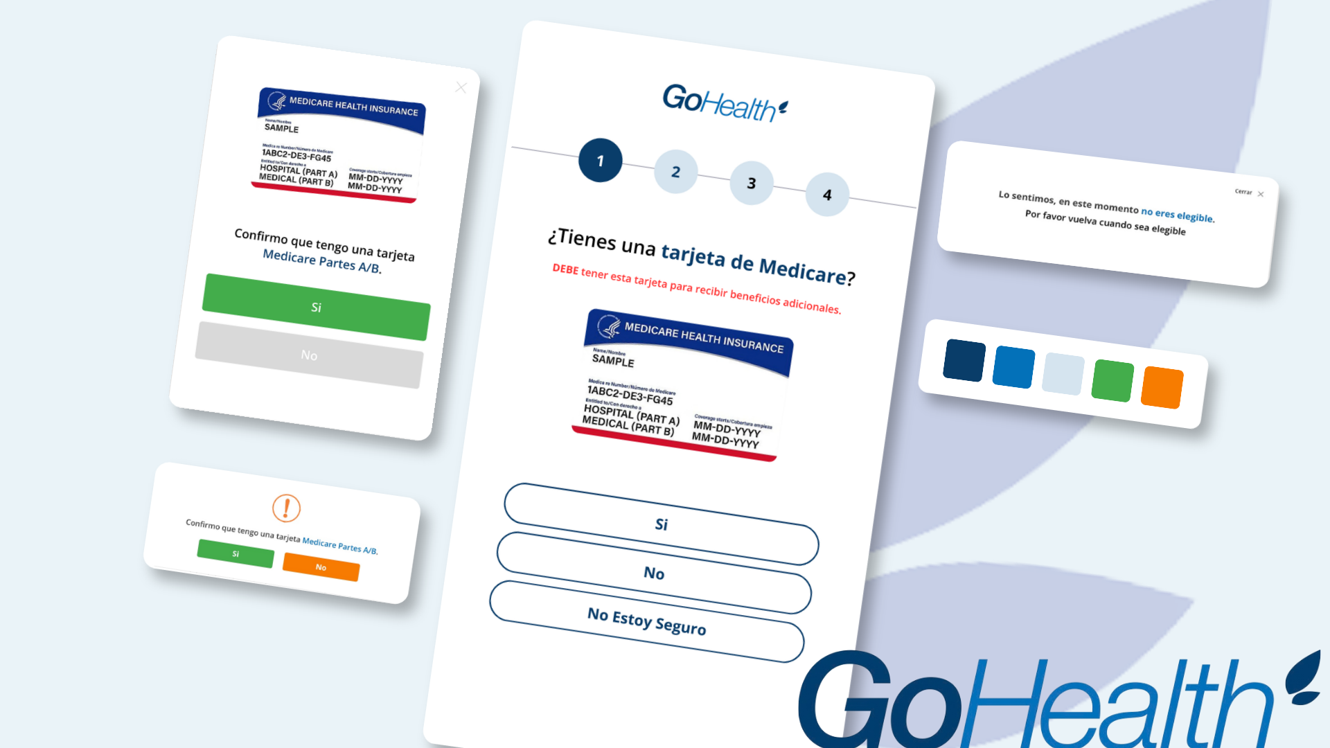 Spanish-language GoHealth Medicare form screens showing the Medicare card confirmation step and eligibility messaging