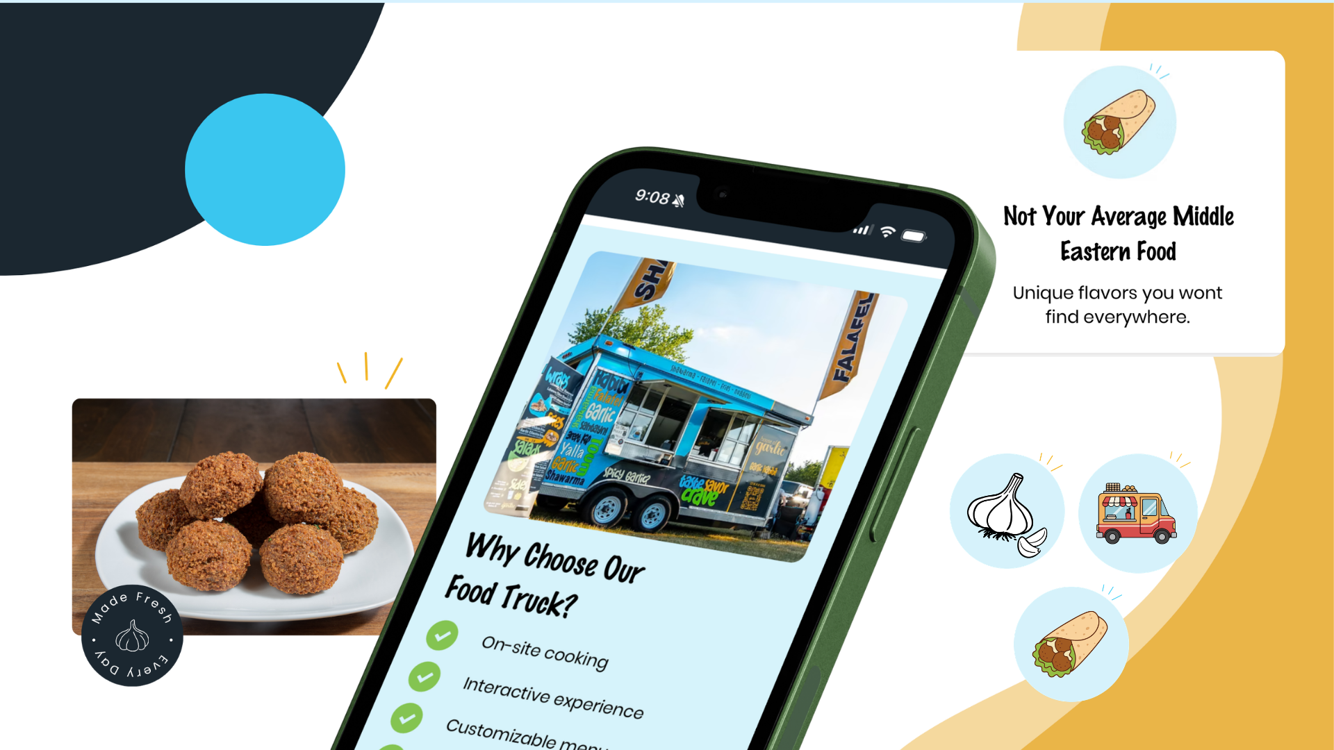 House of Garlic mobile site on a phone with brand shapes, falafel photography, and the food truck