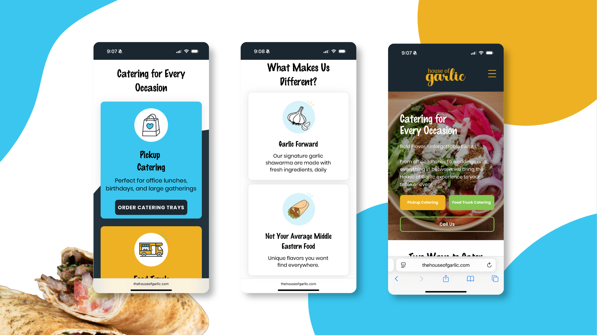 Mobile screens for catering options, what makes us different, and the catering hero with pickup and food truck buttons