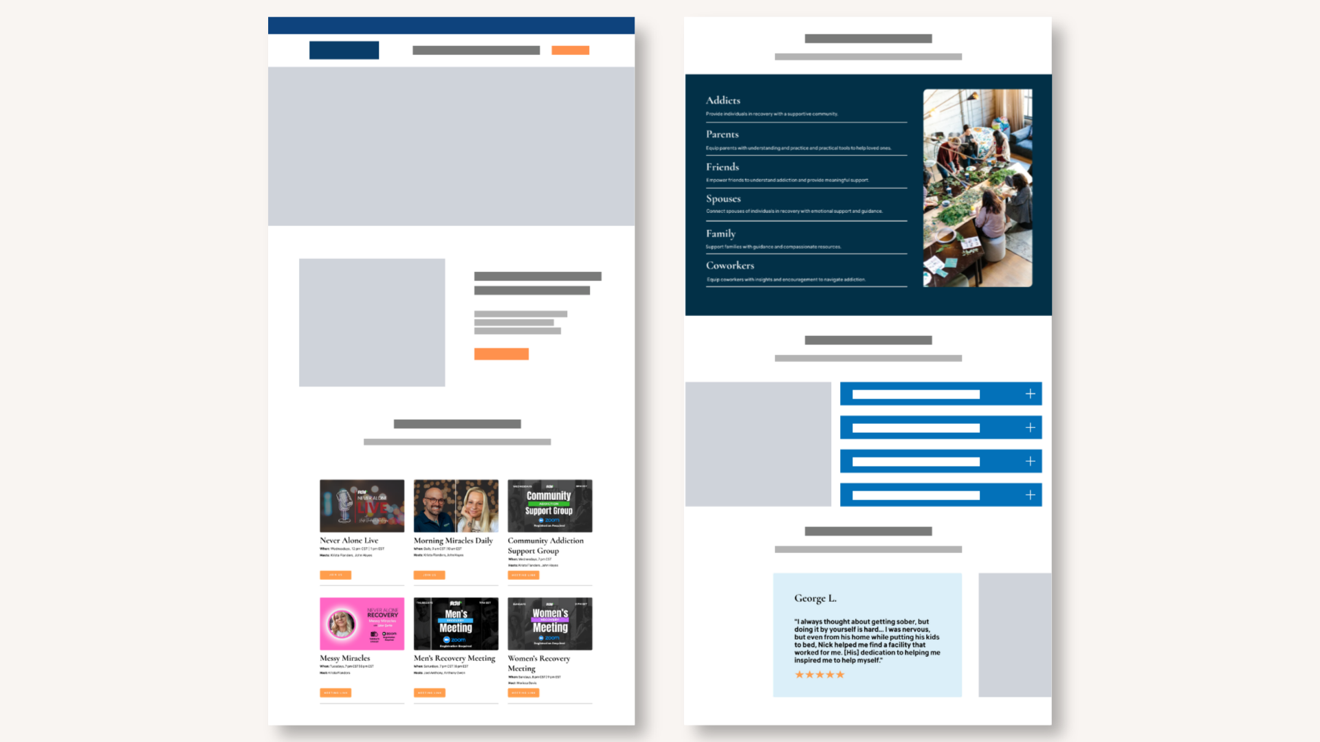Wireframes for the redesigned homepage and support pages showing the hero, weekly events grid, audience list, and FAQ layout