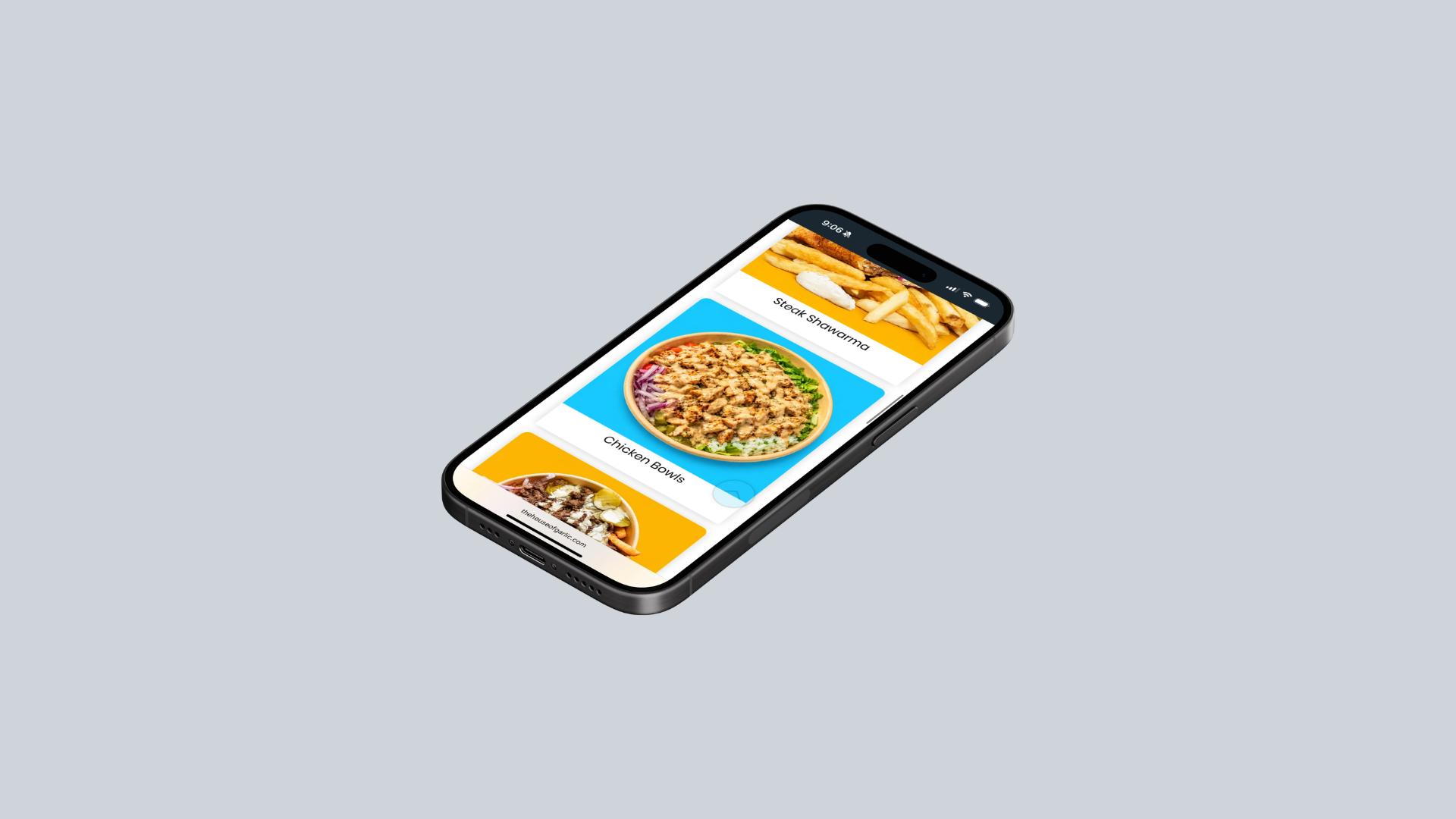 Phone showing the category-first menu with steak shawarma and chicken bowls