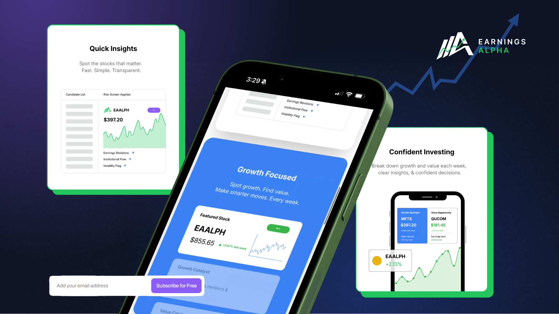 Earnings Alpha product screens showing quick insights, growth focused, and confident investing modules on mobile with the brand logo