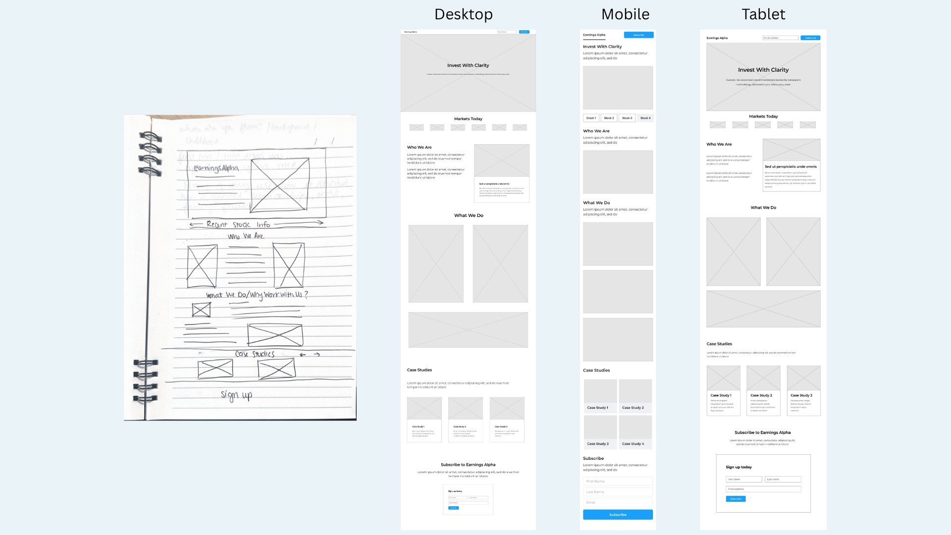 Paper sketch alongside desktop, mobile, and tablet wireframes of the Earnings Alpha landing page