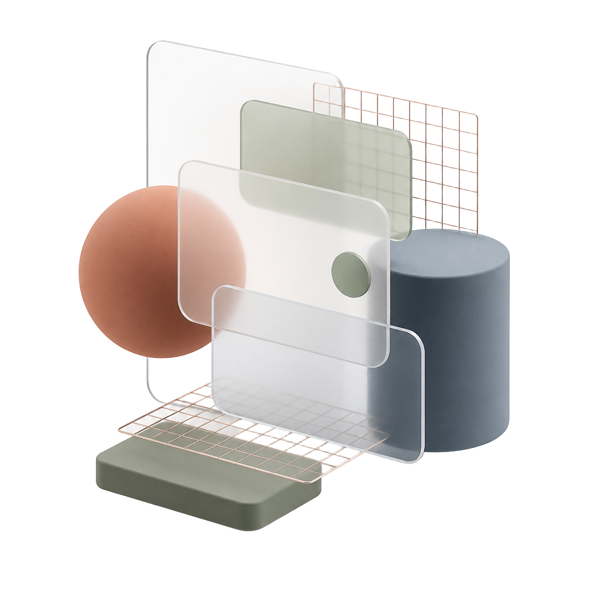 Abstract 3D render of layered interface panels, a grid plane, and soft geometric shapes